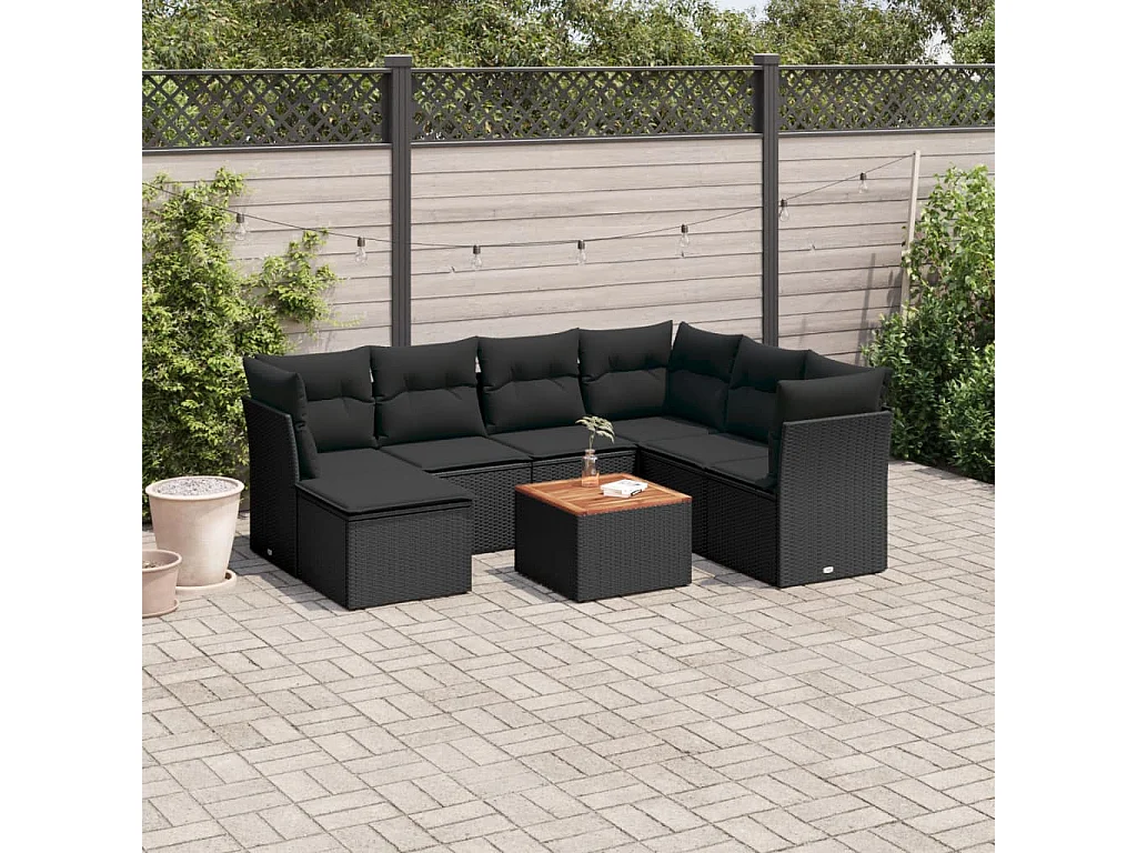 8 pcs conjunto sofás de jardim com almofadões vime PE preto