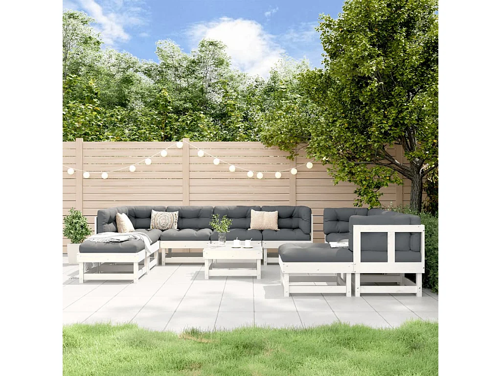 Salon de jardin 11 pcs Blanc Bois de pin massif