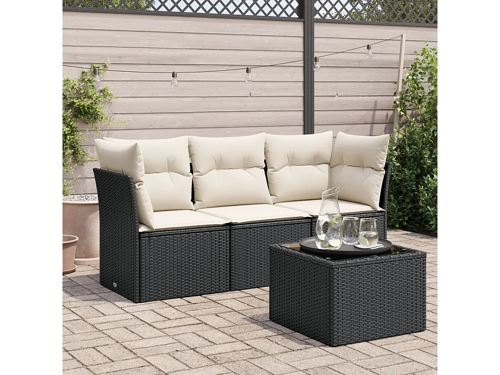 Salon de jardin 4 pcs avec coussins noir résine tressée