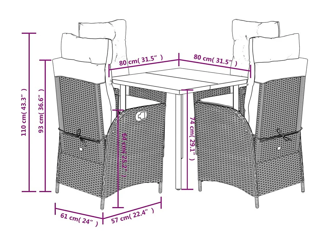 Ensemble à manger de jardin coussins 5pcs Noir Résine tressée