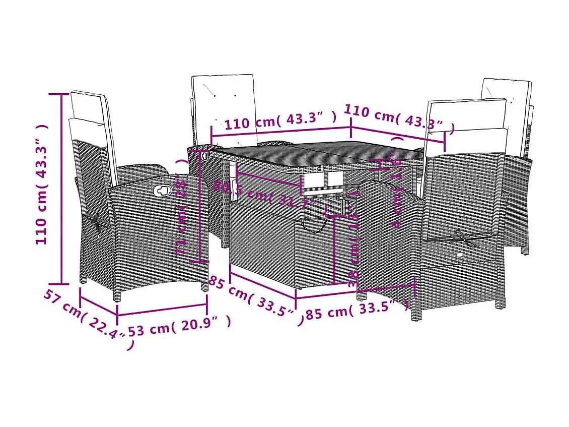 Set da Pranzo da Giardino 5 pz con Cuscini in Polyrattan Grigio