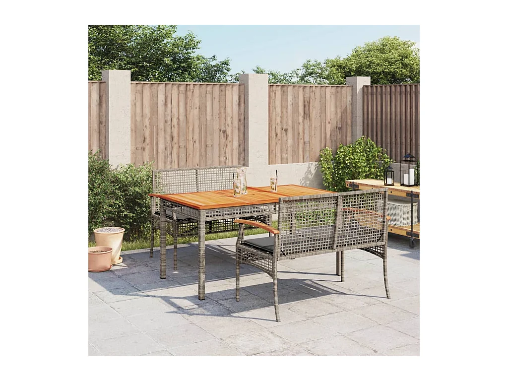3 pcs conjunto de jantar p/ jardim c/ almofadões vime PE cinza