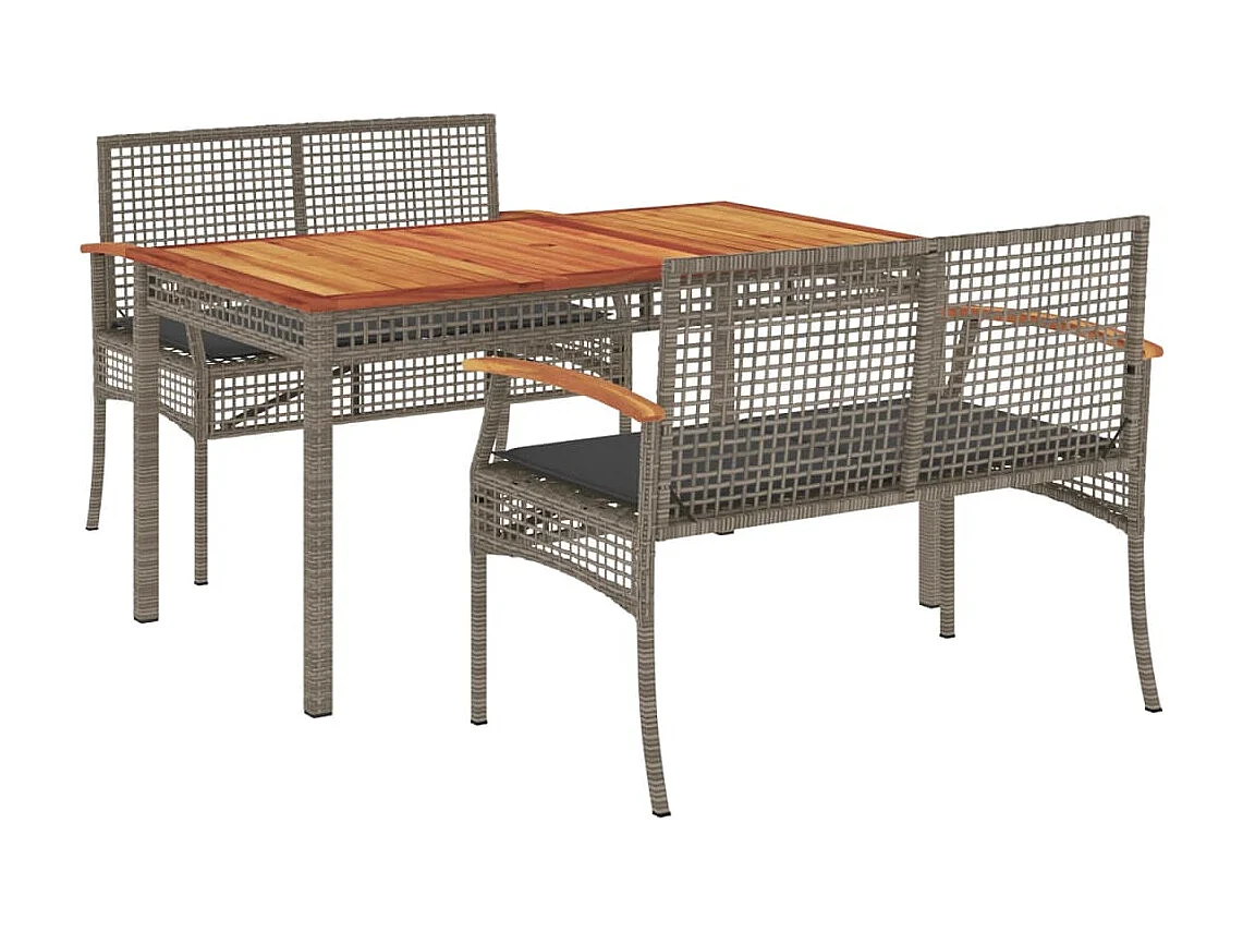 3 pcs conjunto de jantar p/ jardim c/ almofadões vime PE cinza