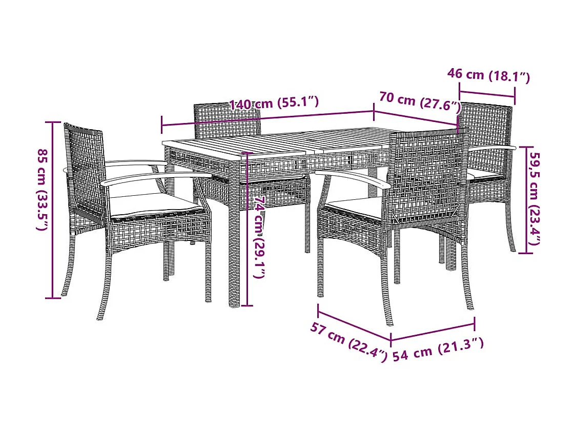 5 pcs conjunto de jantar p/ jardim c/ almofadões vime PE cinza