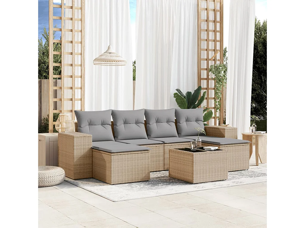 Salon de jardin avec coussins 7 pcs beige résine tressée
