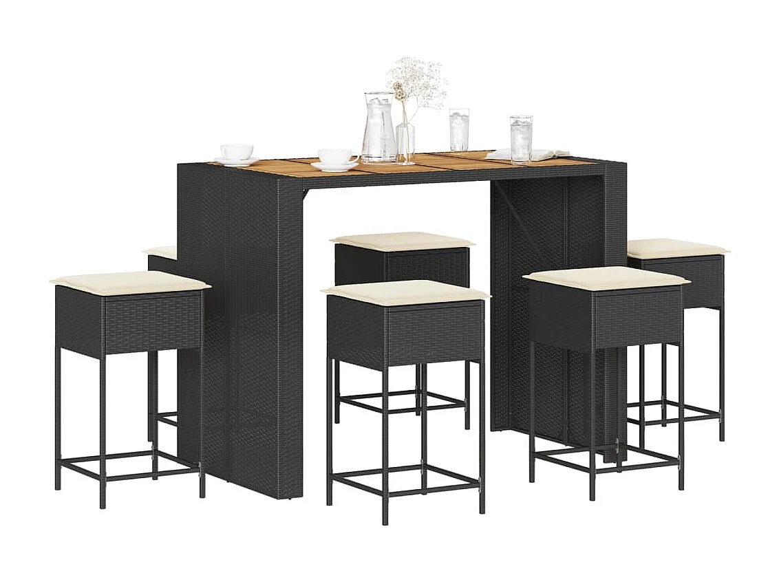 7 pcs conjunto de bar para jardim c/ almofadões vime PE preto