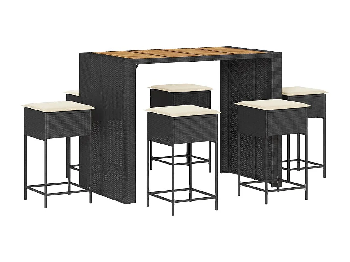 7 pcs conjunto de bar para jardim c/ almofadões vime PE preto