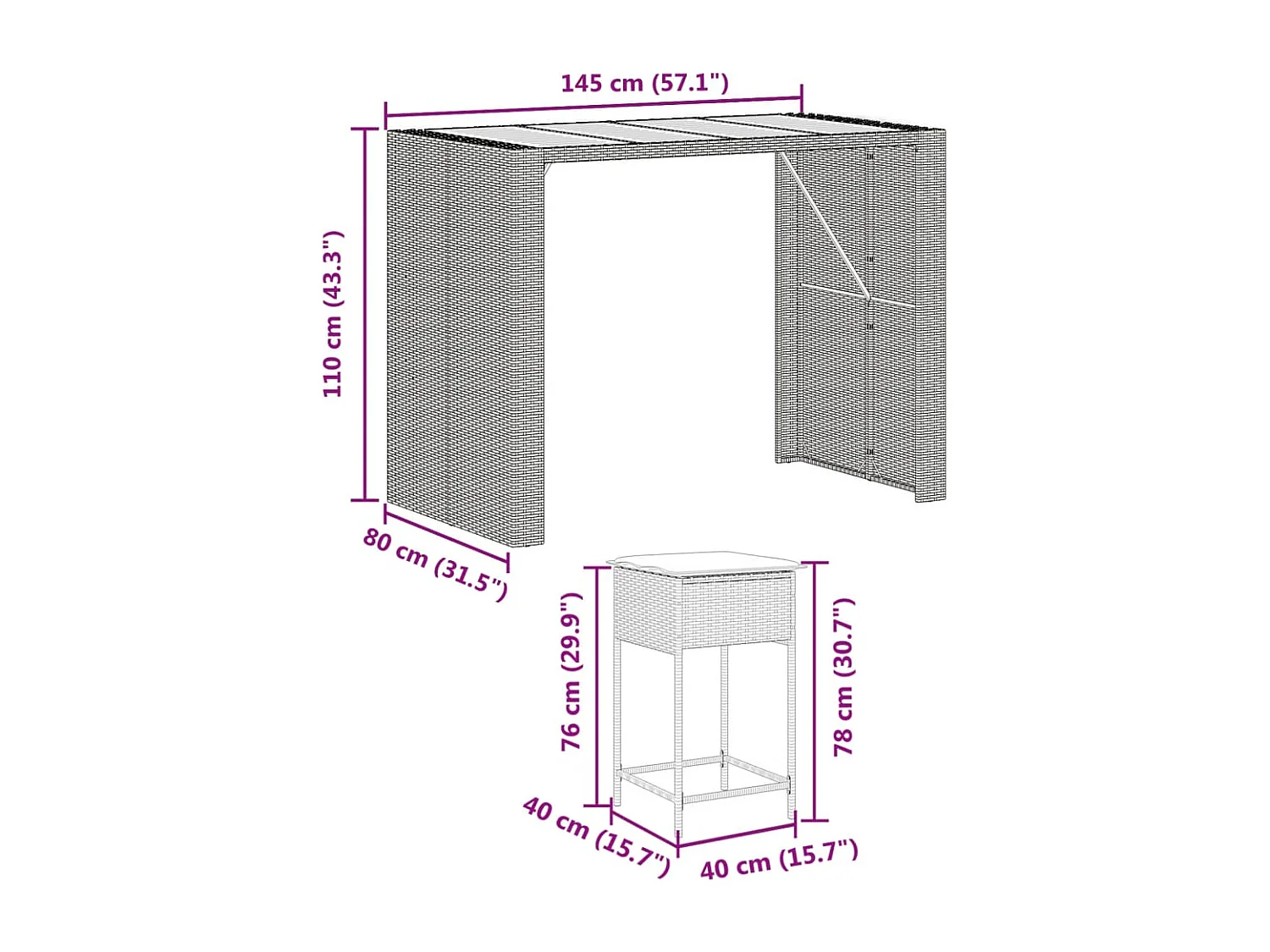 7 pcs conjunto de bar para jardim c/ almofadões vime PE preto
