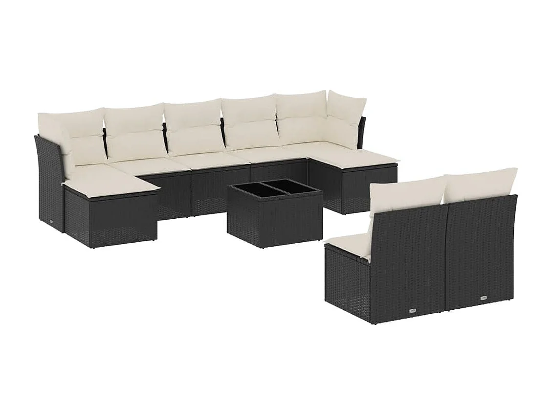 10-delige Loungeset met kussens poly rattan zwart