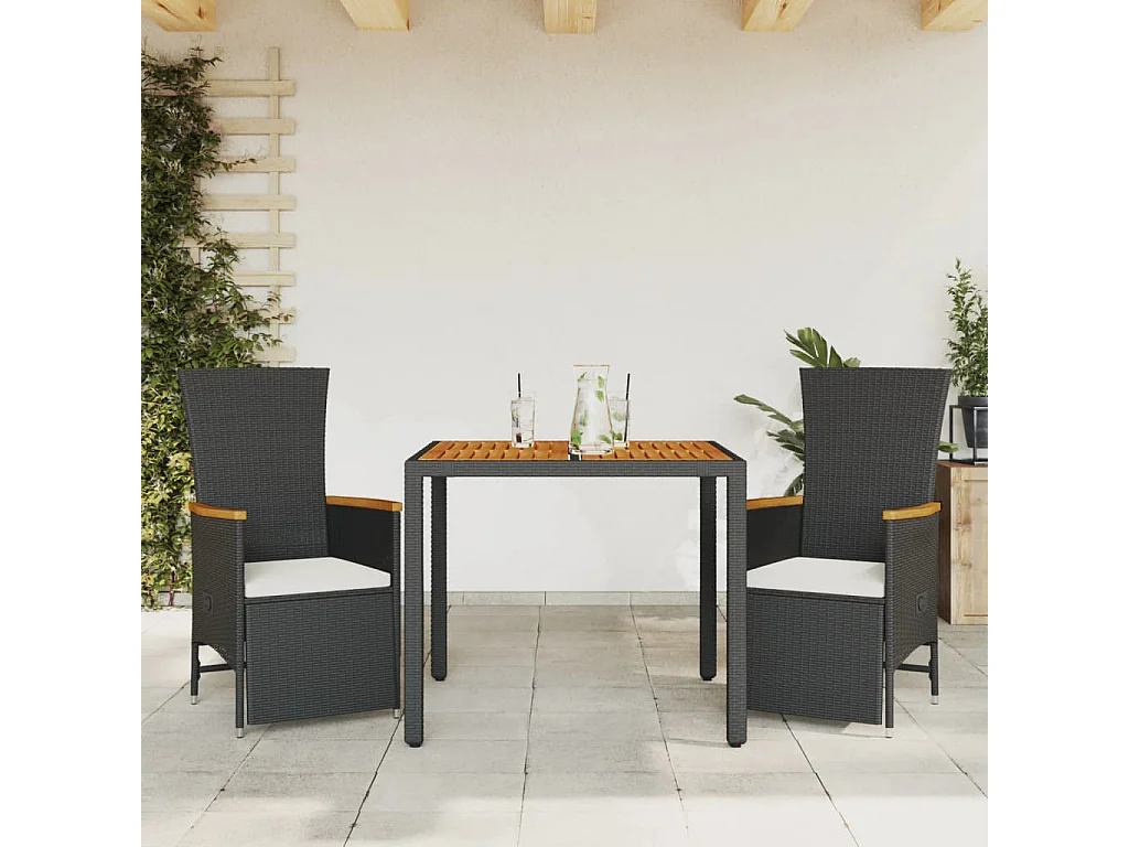 3 pcs conjunto de jantar p/ jardim c/ almofadões vime PE preto