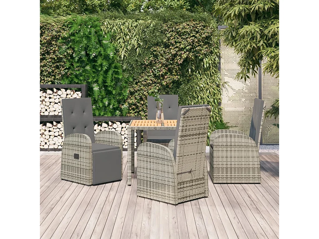 Set comedor de jardín 5 piezas con cojines ratán sintético gris