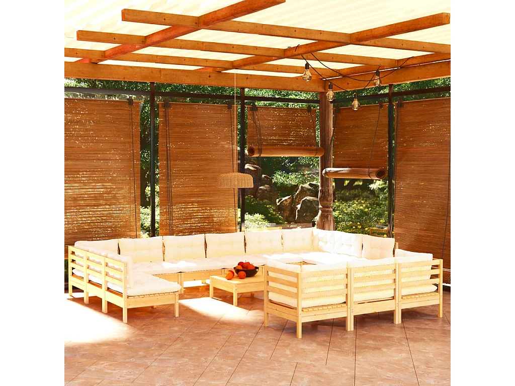 14-tlg. Garten-Lounge-Set mit Creme Kissen Kiefernholz