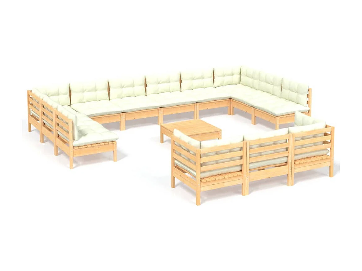 14-tlg. Garten-Lounge-Set mit Creme Kissen Kiefernholz