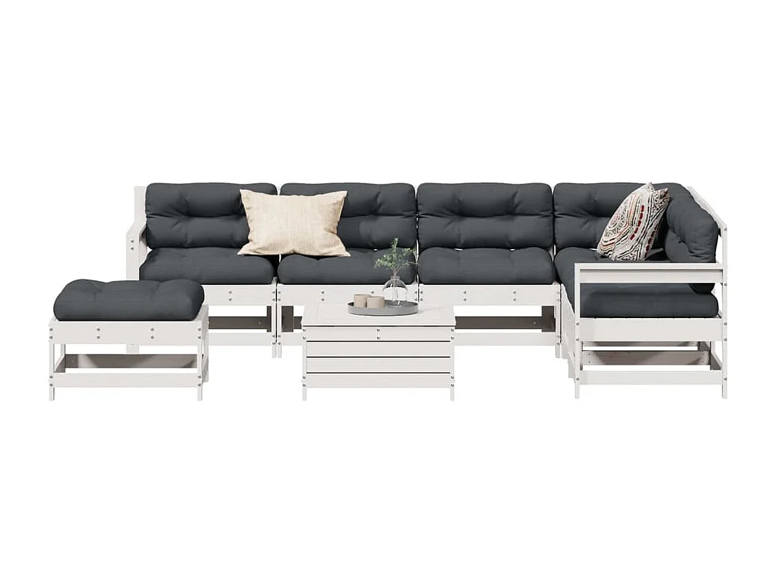 Set Salotto Giardino 8pz con Cuscini Bianco Legno Massello Pino