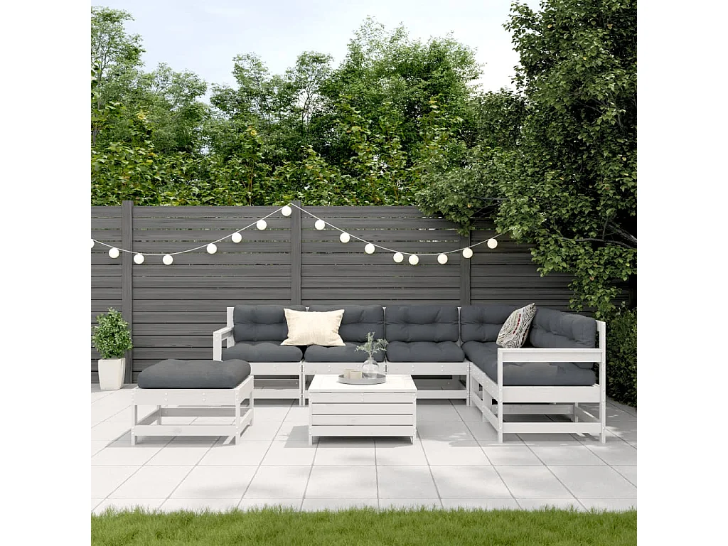 Set Salotto Giardino 8pz con Cuscini Bianco Legno Massello Pino