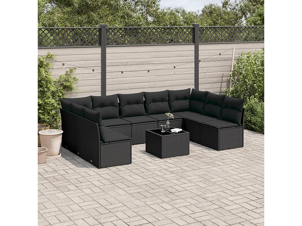Set Divani da Giardino 10pz con Cuscini in Polyrattan Nero