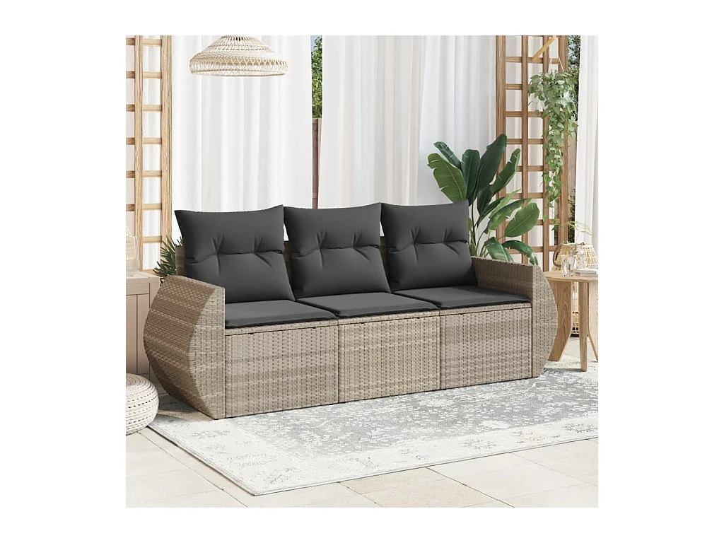 Set Divano da Giardino 3pz con Cuscini Grigio Chiaro Polyrattan