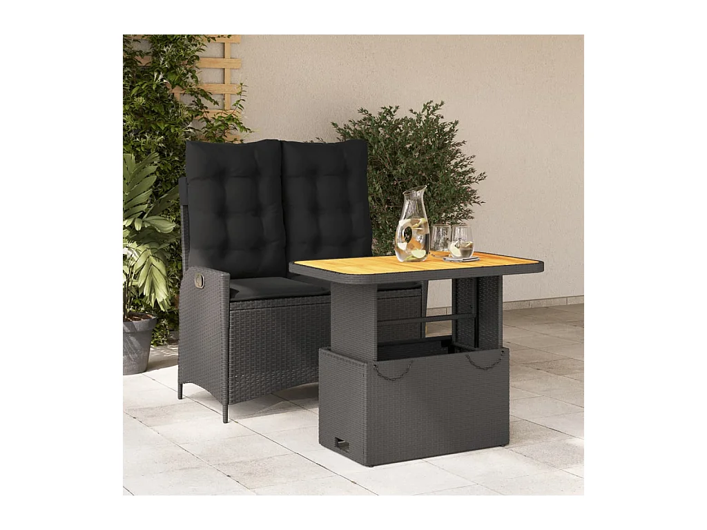 Set da Pranzo da Giardino 2 pz con Cuscini Nero in Polyrattan