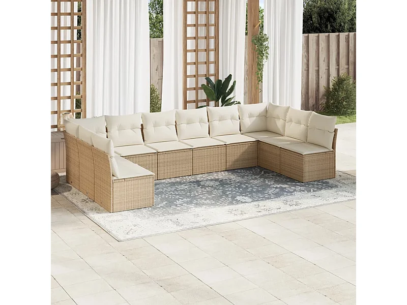 Set Divano da Giardino 10 pz con Cuscini Beige in Polyrattan