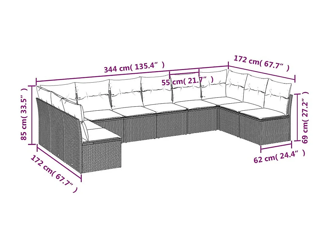 Salon de jardin avec coussins 10 pcs beige résine tressée
