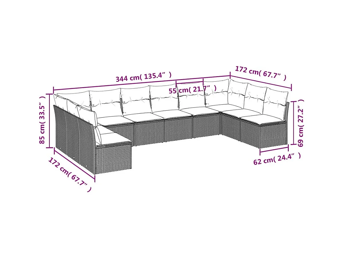 10-tlg. Garten-Sofagarnitur mit Kissen Beige Poly Rattan