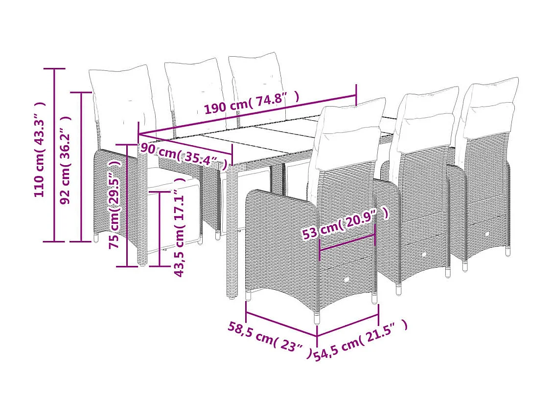 Set de mesa y sillas jardín 7 pzas con cojines ratán PE marrón