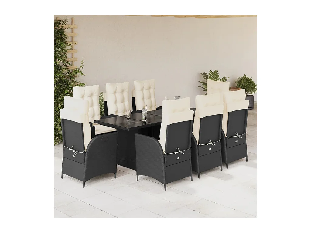 Set da Pranzo da Giardino 9 pz con Cuscini Nero in Polyrattan