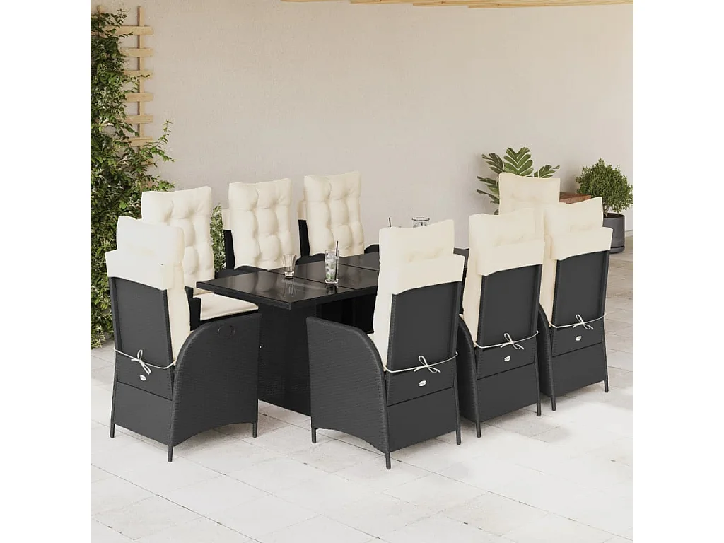 Set de comedor de jardín 9 pzas y cojines ratán sintético negro