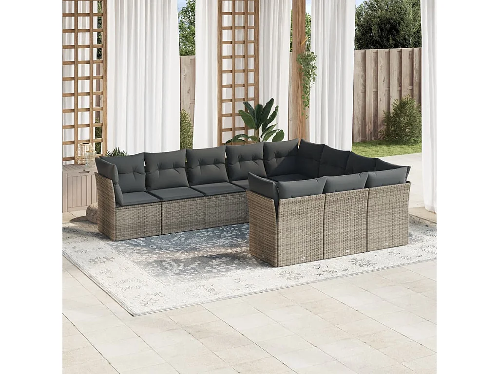 10-tlg. Garten-Sofagarnitur mit Kissen Grau Poly Rattan