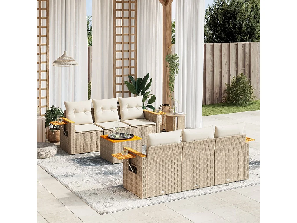 Salon de jardin avec coussins 7 pcs beige résine tressée