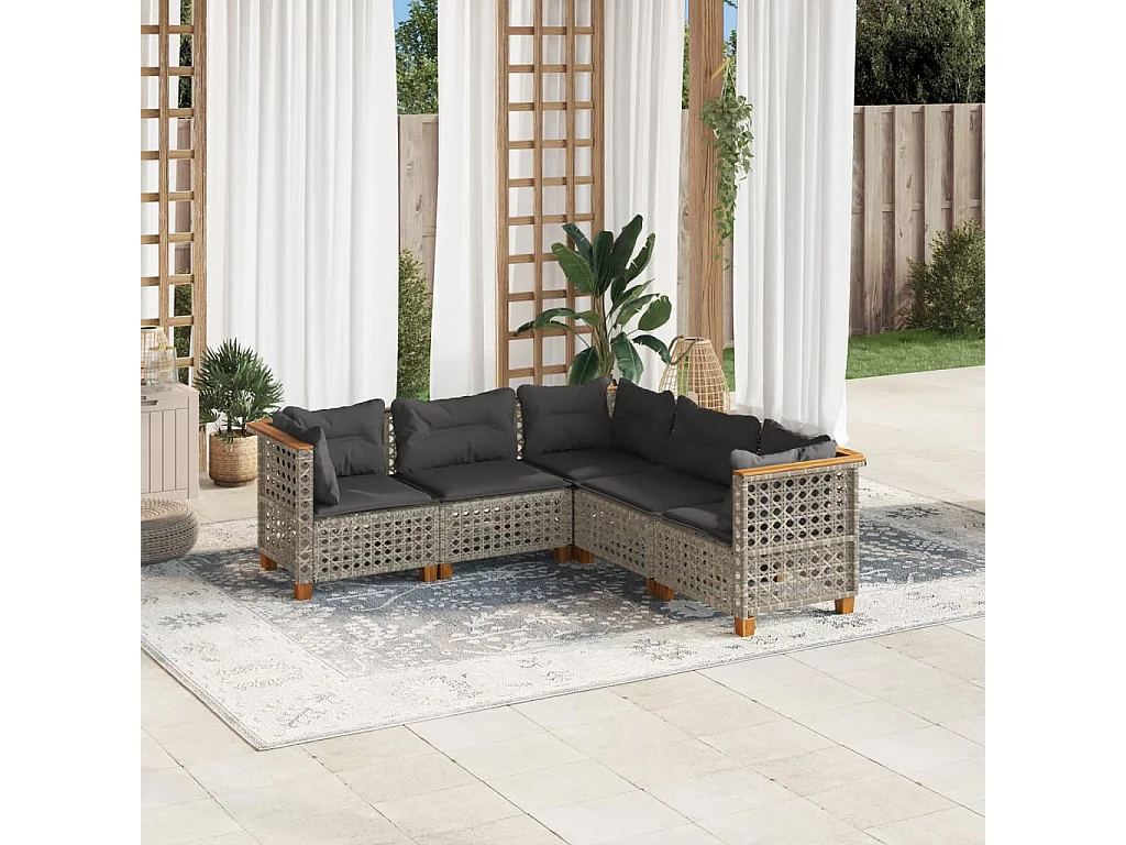 Salon de jardin 5 pcs avec coussins gris résine tressée