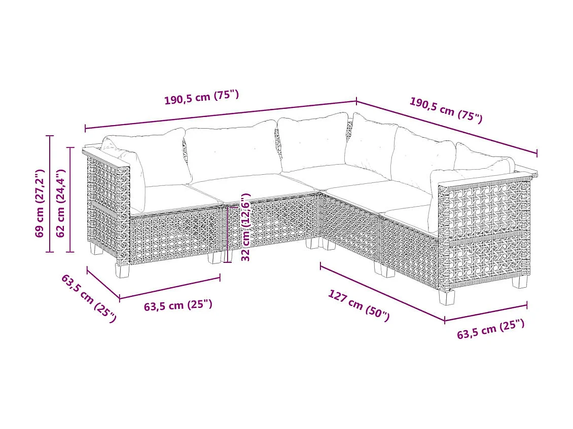 Salon de jardin 5 pcs avec coussins gris résine tressée