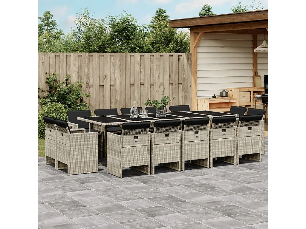 Set da Pranzo da Giardino 15 pz con Cuscini Grigio Polyrattan