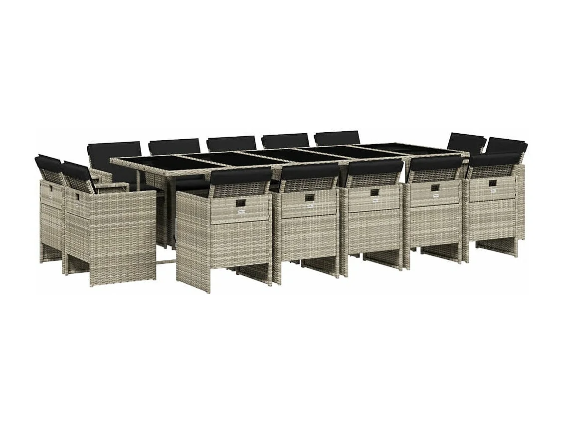 Set da Pranzo da Giardino 15 pz con Cuscini Grigio Polyrattan