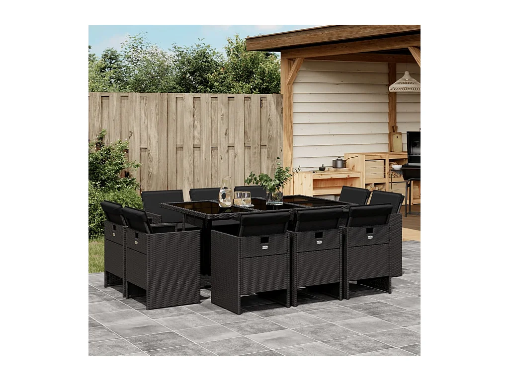 Set da Pranzo da Giardino 11 pz con Cuscini in Polyrattan Nero