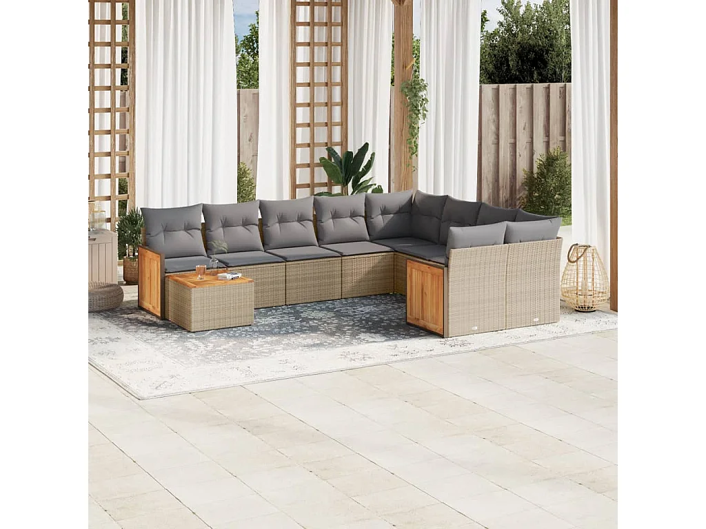 Salon de jardin avec coussins 10 pcs beige résine tressée