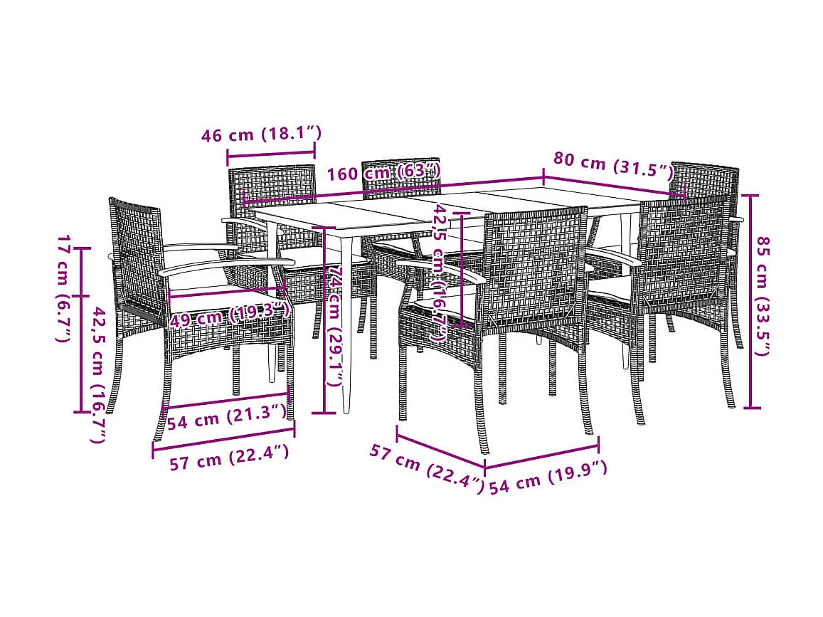 Ensemble à manger de jardin et coussins 7 pcs gris rotin