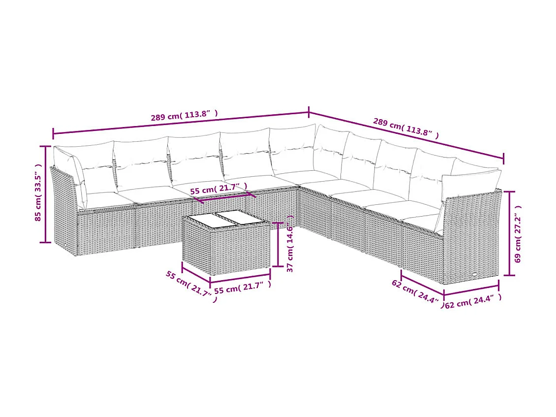 10-tlg. Garten-Sofagarnitur mit Kissen Schwarz Poly Rattan