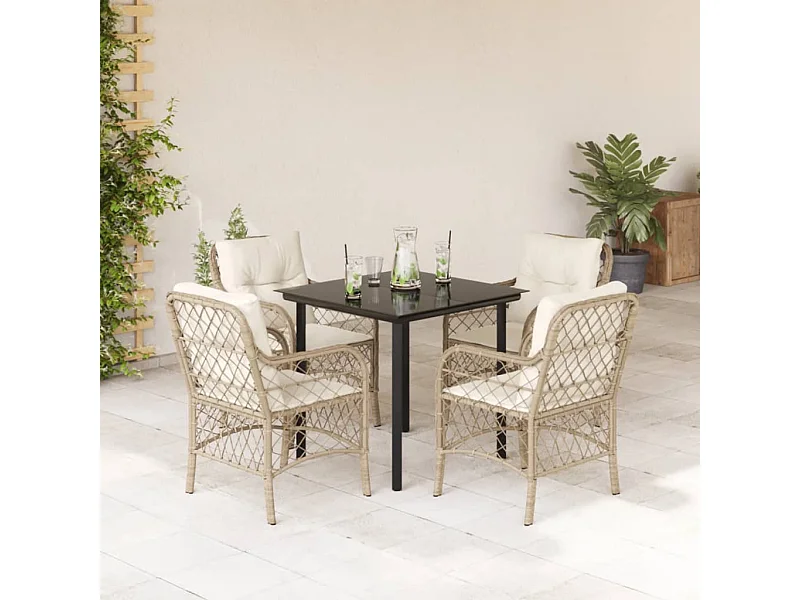 Ensemble à manger de jardin avec coussins 5pcs Beige poly rotin