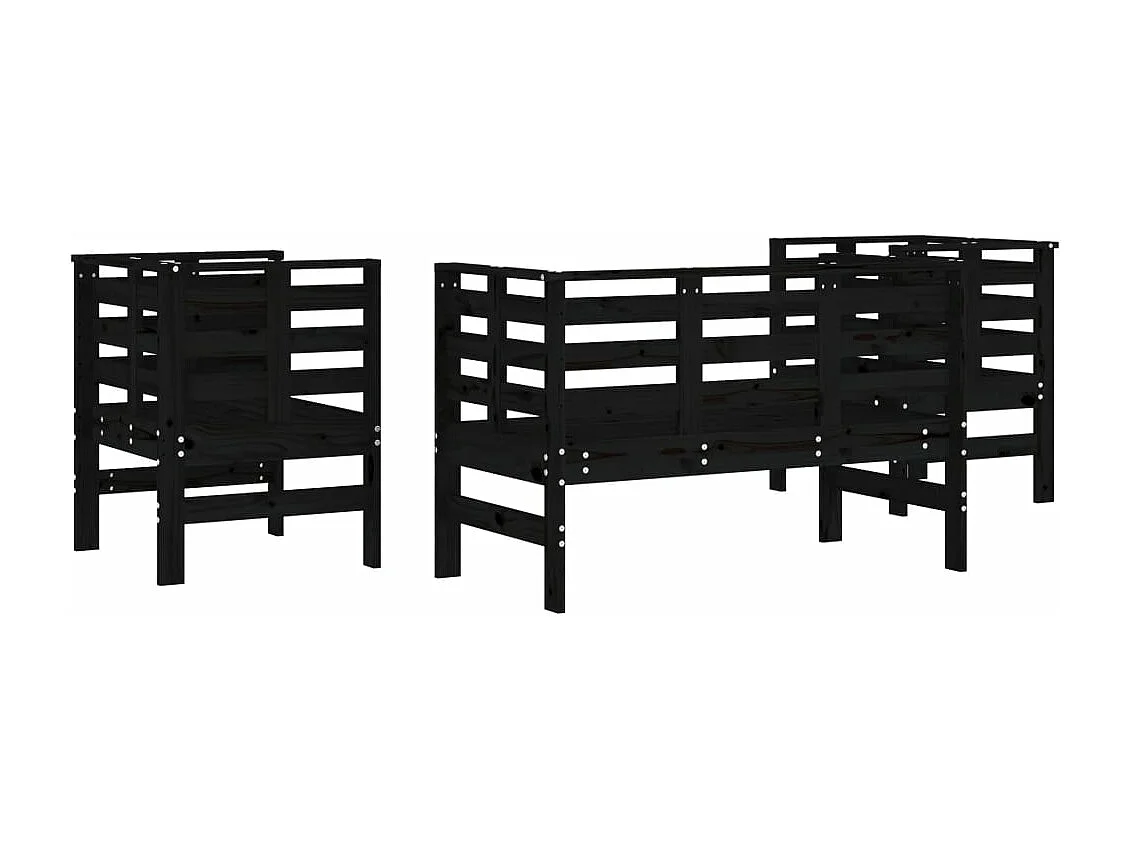 Salon de jardin 3 pcs noir bois massif de pin