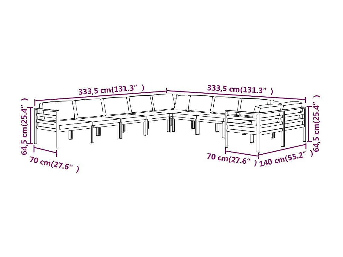 Set Divani da Giardino 10 pz con Cuscini in Alluminio Antracite