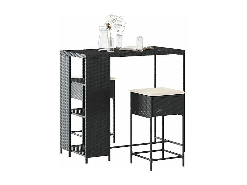 Ensemble de bar de jardin 3 pcs avec coussins noir poly rotin
