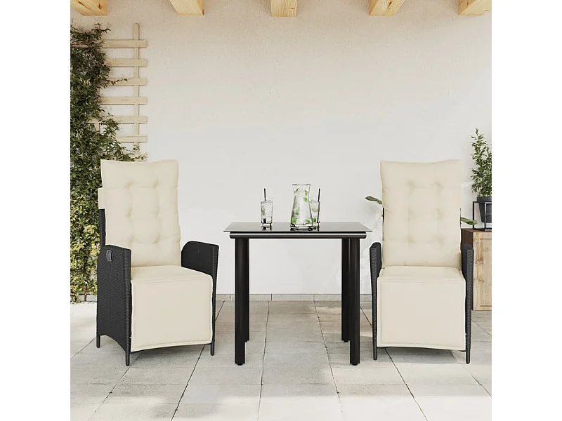 Set da Pranzo da Giardino 3 pz con Cuscini Nero in Polyrattan