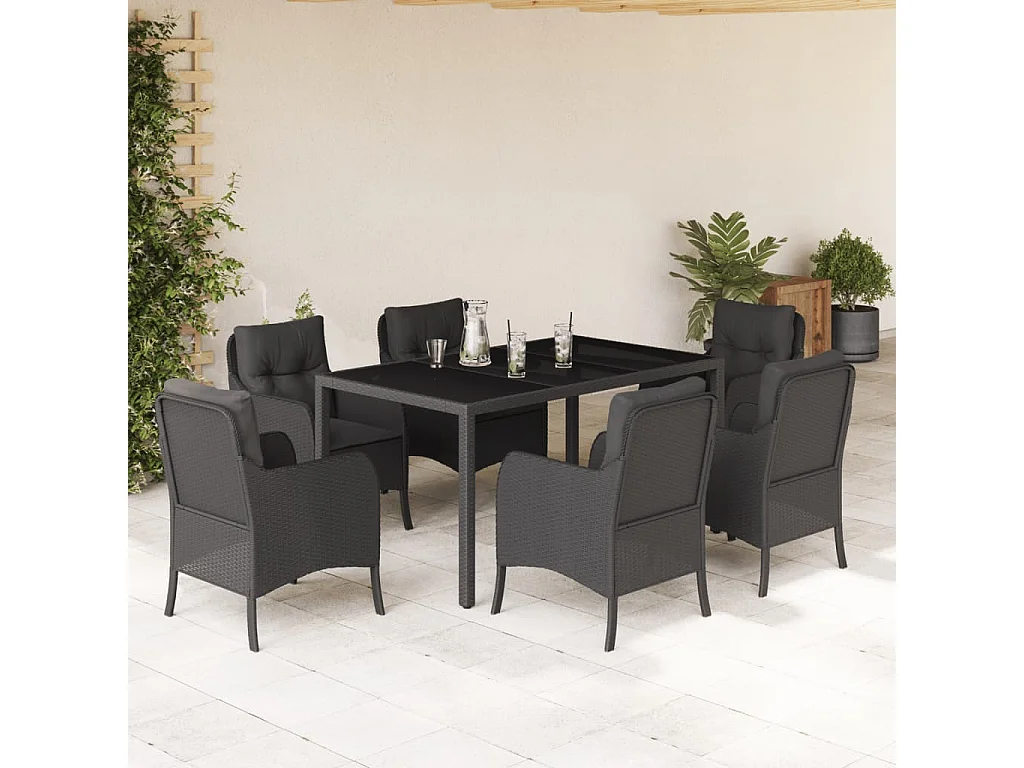 Set da Pranzo da Giardino 7 pz Nero con Cuscini in Polyrattan
