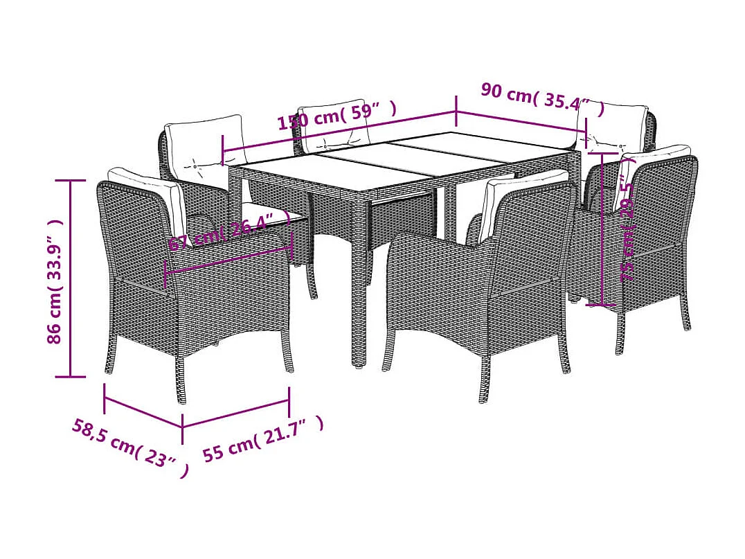 Set da Pranzo da Giardino 7 pz Nero con Cuscini in Polyrattan