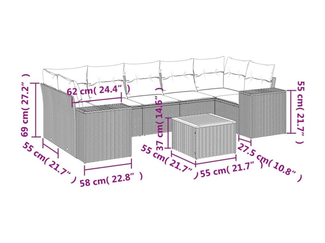 8 pcs conjunto sofás de jardim com almofadões vime PE preto