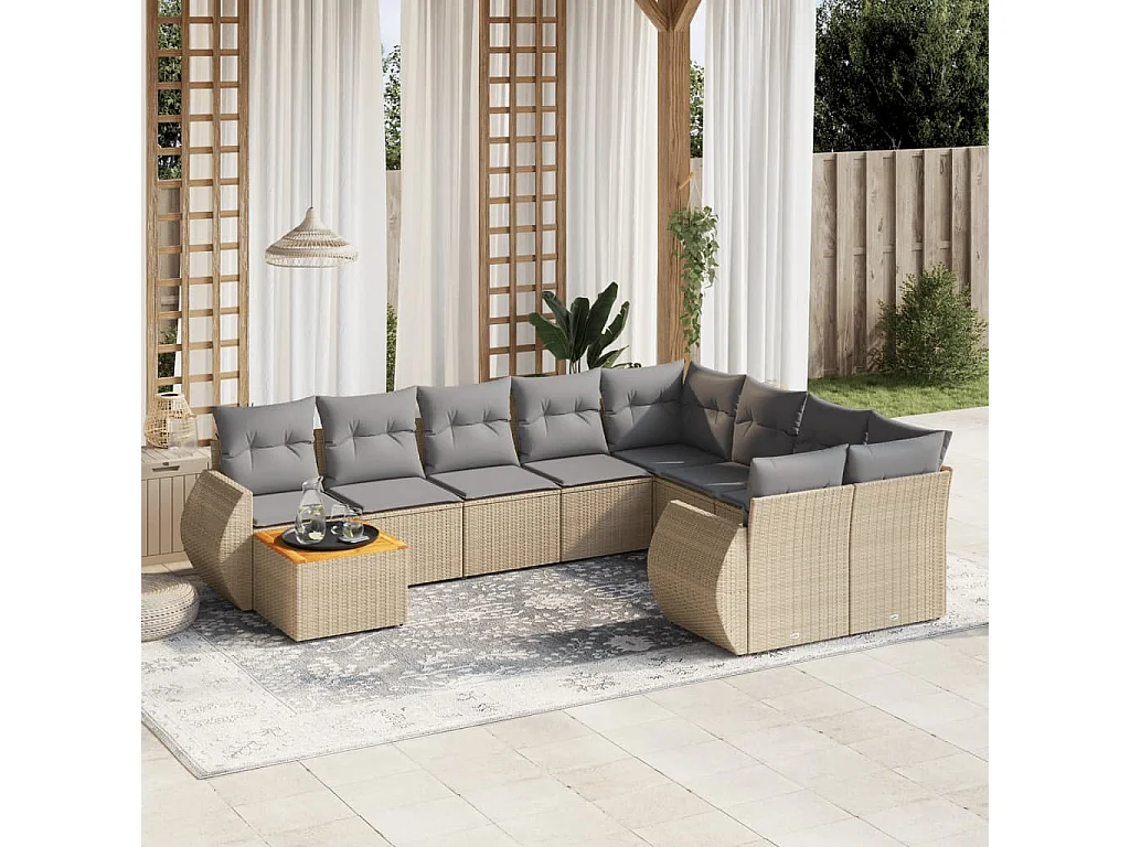 Salon de jardin avec coussins 10 pcs beige résine tressée