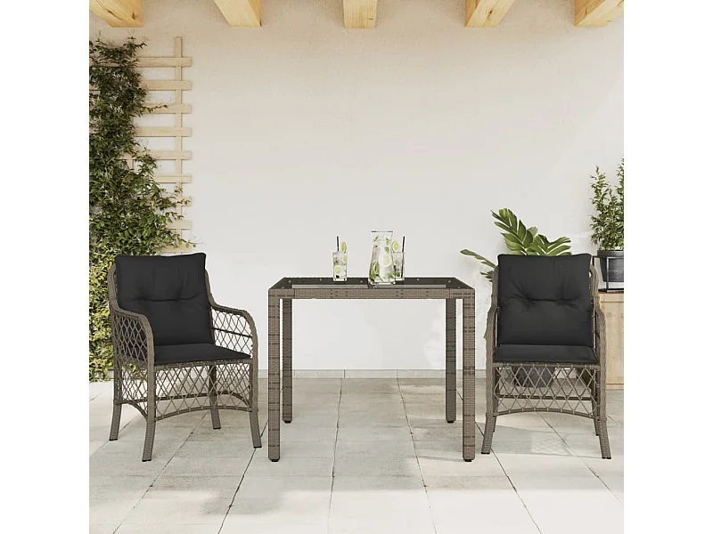 Ensemble de bistro 3 pcs avec coussins gris résine tressée