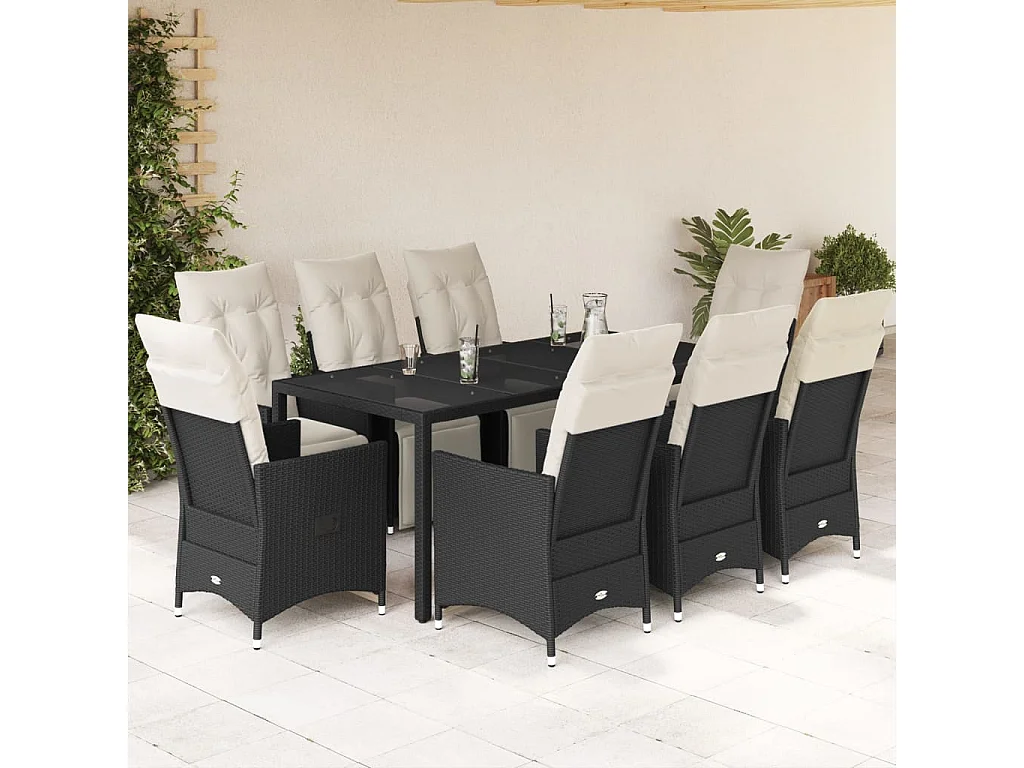 9 pcs conjunto de jantar p/ jardim c/ almofadões vime PE preto