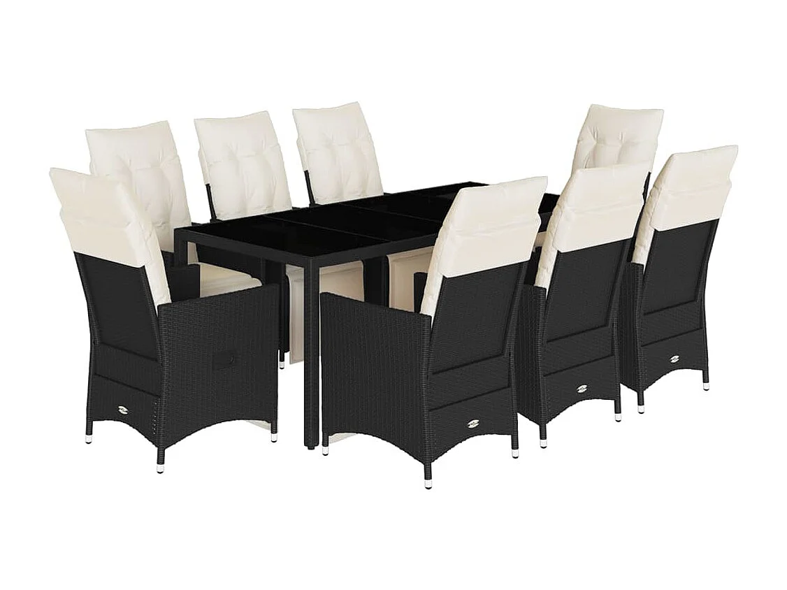 9 pcs conjunto de jantar p/ jardim c/ almofadões vime PE preto